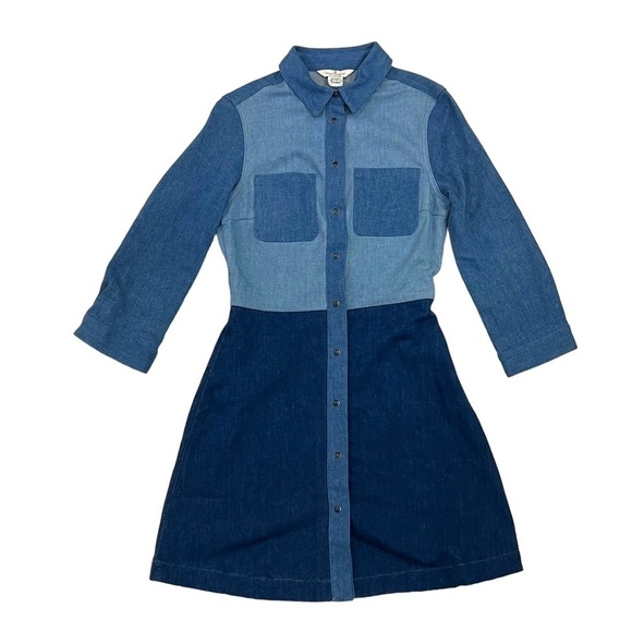 French Connection Edie Denim Shirt Dress 3/4 Sleeve Snap Front Color Block 2 New - Picture 4 of 16